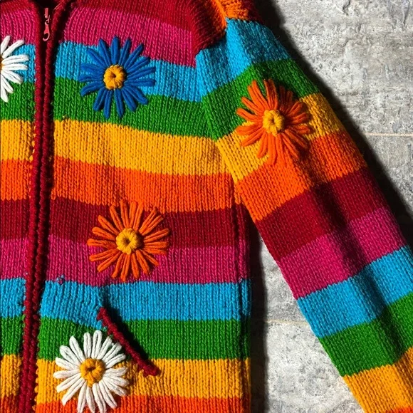 💥HP💥Handmade Rainbow Flower Sweater – Youth 10-12 Large – Multi - Picture 3 of 8